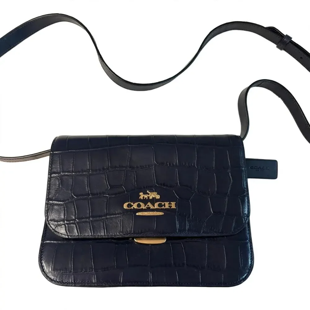 Coach Black Croc Embossed Leather Crossbody Bag Gold Hardware Adjustable Strap
